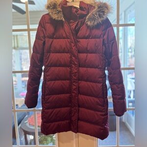 Lands' End Maroon Puffer Jacket with Faux Fur Trim